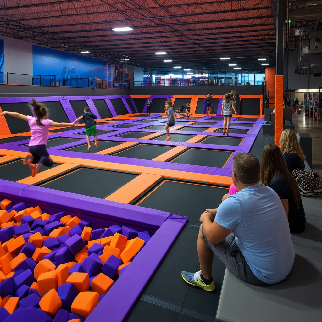 Indoor Activities in Naperville: 30+ Things to Do When It Rains, Snows, or Gets Cold 2 Indoor activities Naperville - colorful indoor trampoline park with kids bouncing and parents watching from observation benches