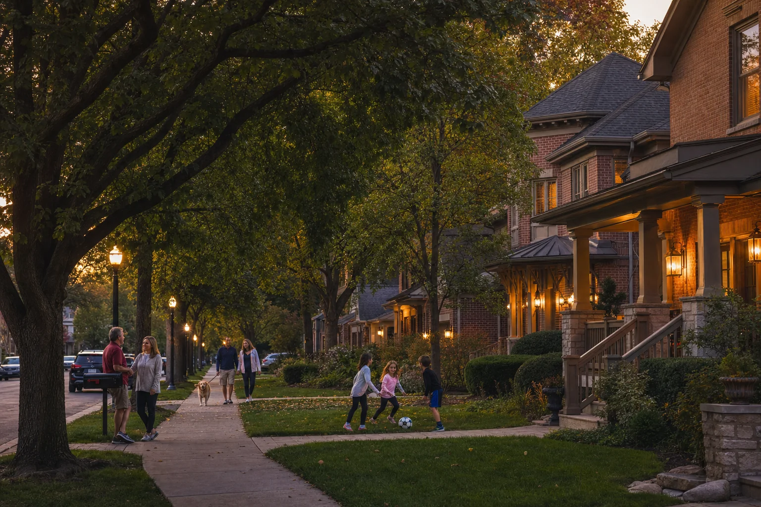 Is Naperville Safe? A Complete Guide to Crime, Police, and Community Safety 1 Is Naperville safe - peaceful tree-lined Naperville residential street at dusk with warm porch lights and neighbors outside