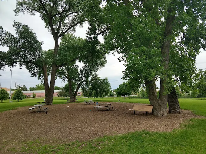 Shaded seating area at Lincoln Park Dog Park in Naperville, Illinois with picnic tables, benches, trees, and open grass.