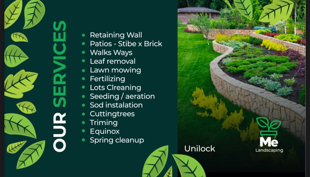 Service graphic for Martins Express Landscaping in Naperville featuring lawn care, retaining walls, patios, sod, and seasonal cleanup.