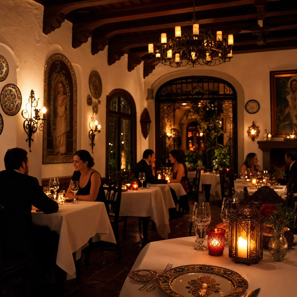 Romantic dining room interior at Meson Sabika Naperville with exposed wood beams, candlelit tables, and Spanish wrought-iron sconces
