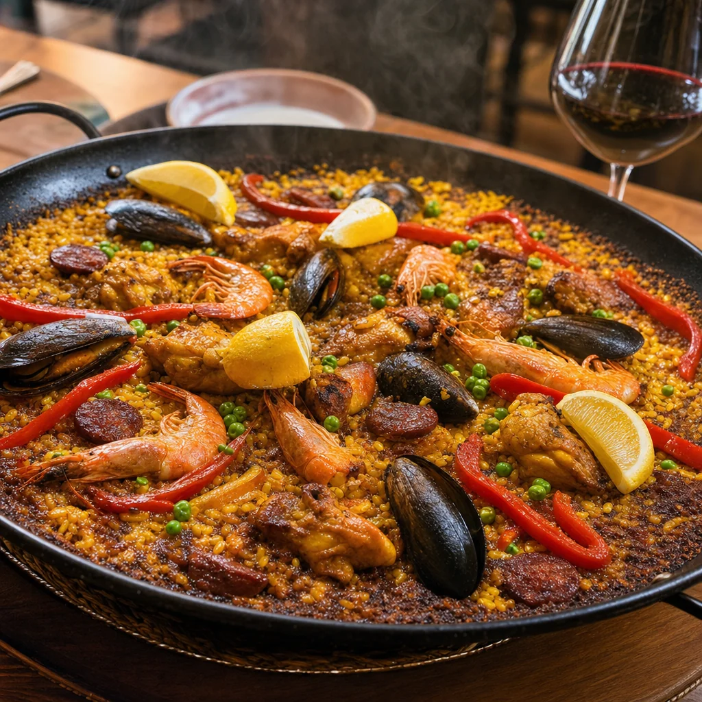 Traditional Spanish paella with saffron rice, chorizo, shrimp, and mussels at Meson Sabika Naperville