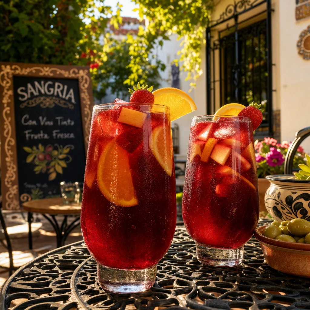 Two glasses of traditional Spanish red sangria with fresh fruit at Meson Sabika Naperville