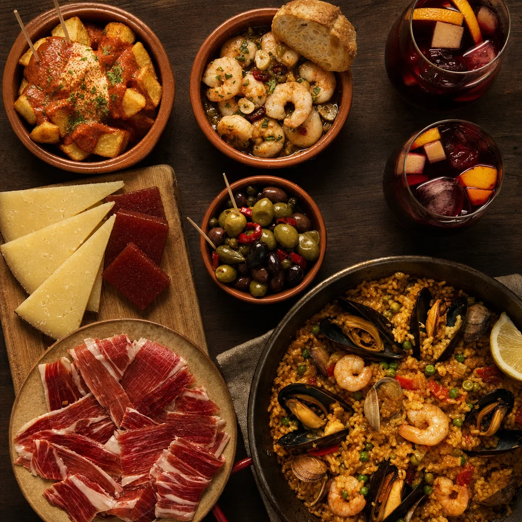 Authentic Spanish tapas spread at Meson Sabika Naperville — patatas bravas, gambas al ajillo, jamón Ibérico, manchego, and sangria