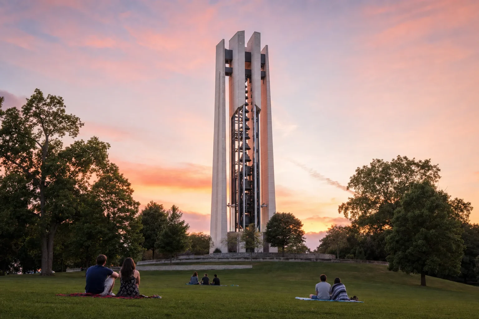 Free Summer Concerts in Naperville 2026: Where to Hear Live Music 3 Moser Tower and Millennium Carillon in Naperville at dusk during a free 2026 summer recital