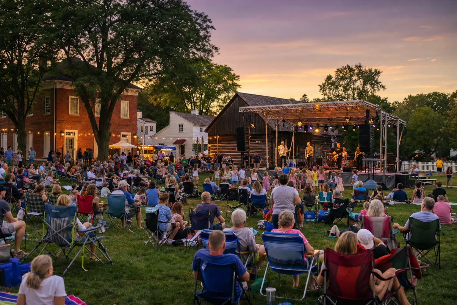 Naper Nights 2026 Guide: Lineup, Tickets, Parking at Naper Settlement 1 Naper Nights 2026 crowd on lawn chairs and blankets enjoying a tribute band at Naper Settlement in Naperville