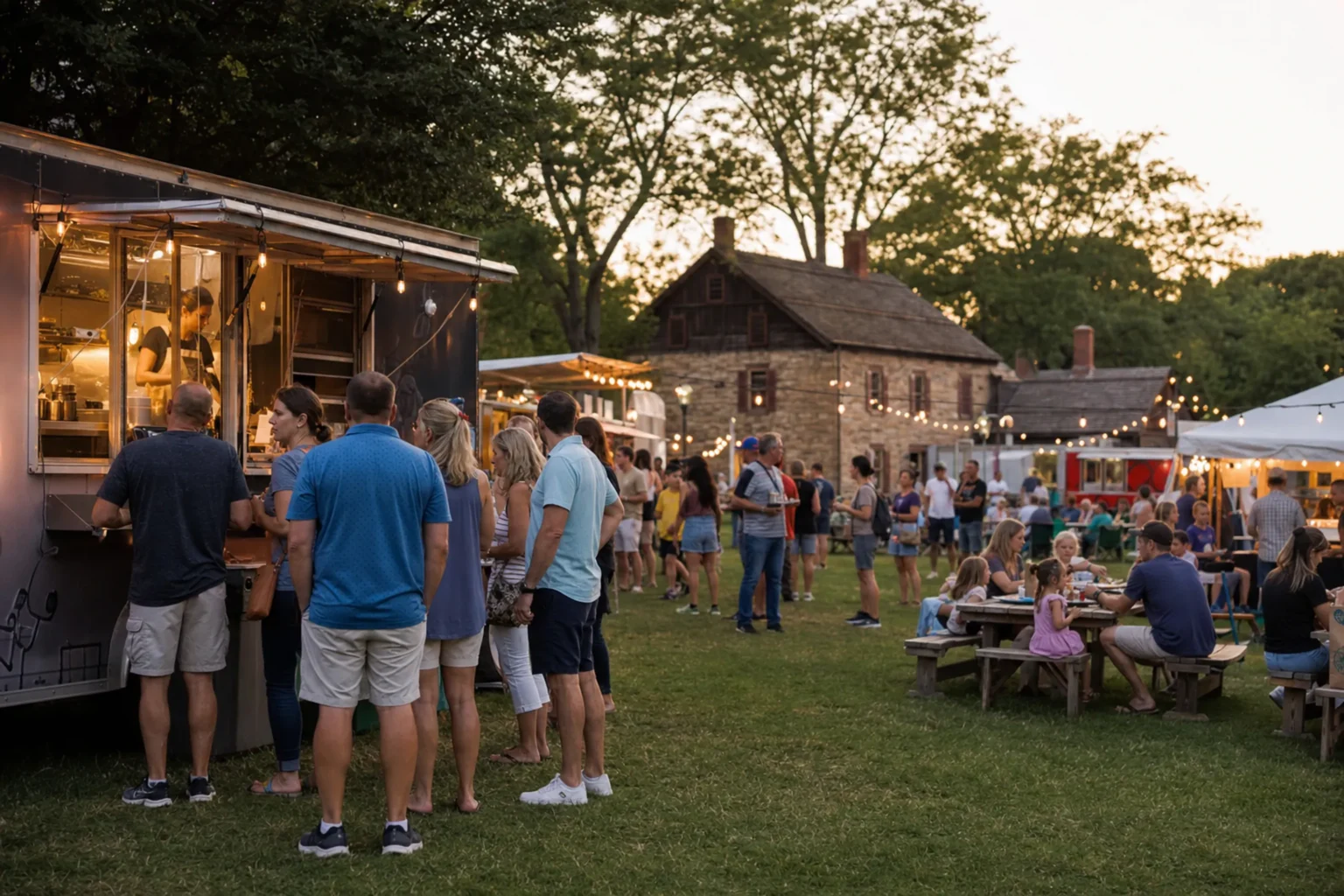 Naper Nights 2026 Guide: Lineup, Tickets, Parking at Naper Settlement 4 Concertgoers ordering dinner from food trucks at Naper Nights 2026 at Naper Settlement in Naperville