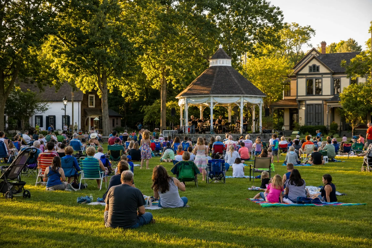 Naper Nights 2026 Guide: Lineup, Tickets, Parking at Naper Settlement 3 Families with lawn chairs and blankets at Naper Nights 2026 on the Naper Settlement lawn in Naperville