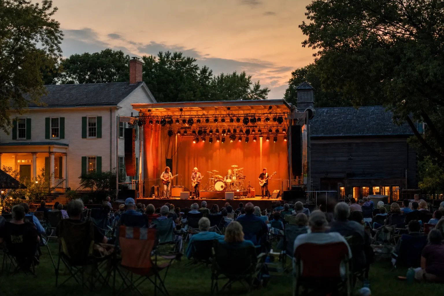 Naper Nights 2026 Guide: Lineup, Tickets, Parking at Naper Settlement 2 Tribute band performing under stage lights at Naper Nights 2026 at Naper Settlement in Naperville