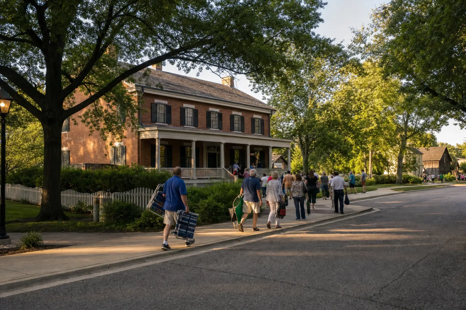 Naper Nights 2026 Guide: Lineup, Tickets, Parking at Naper Settlement 5 Guests entering Naper Nights 2026 through the Pre-Emption House Visitor Center on Webster Street in Naperville