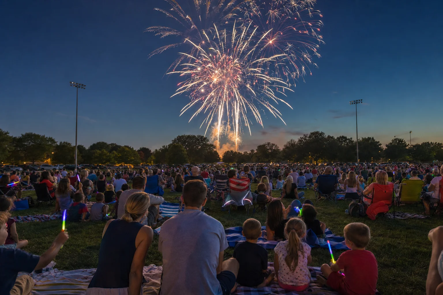 Families on blankets watching the Naperville fireworks 2026 show at Frontier Sports Complex