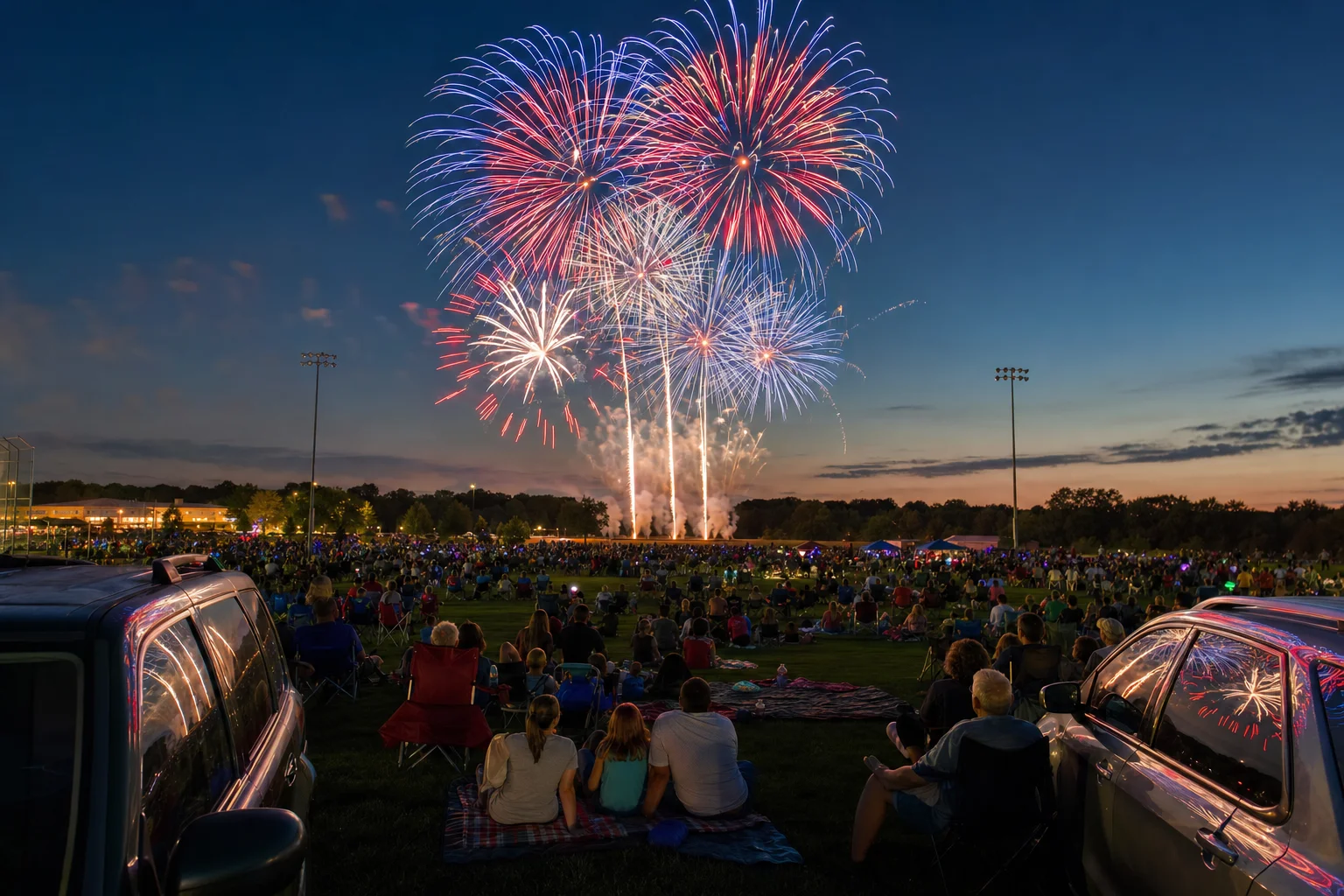 Naperville 4th of July 2026 fireworks bursting over crowds at Frontier Sports Complex