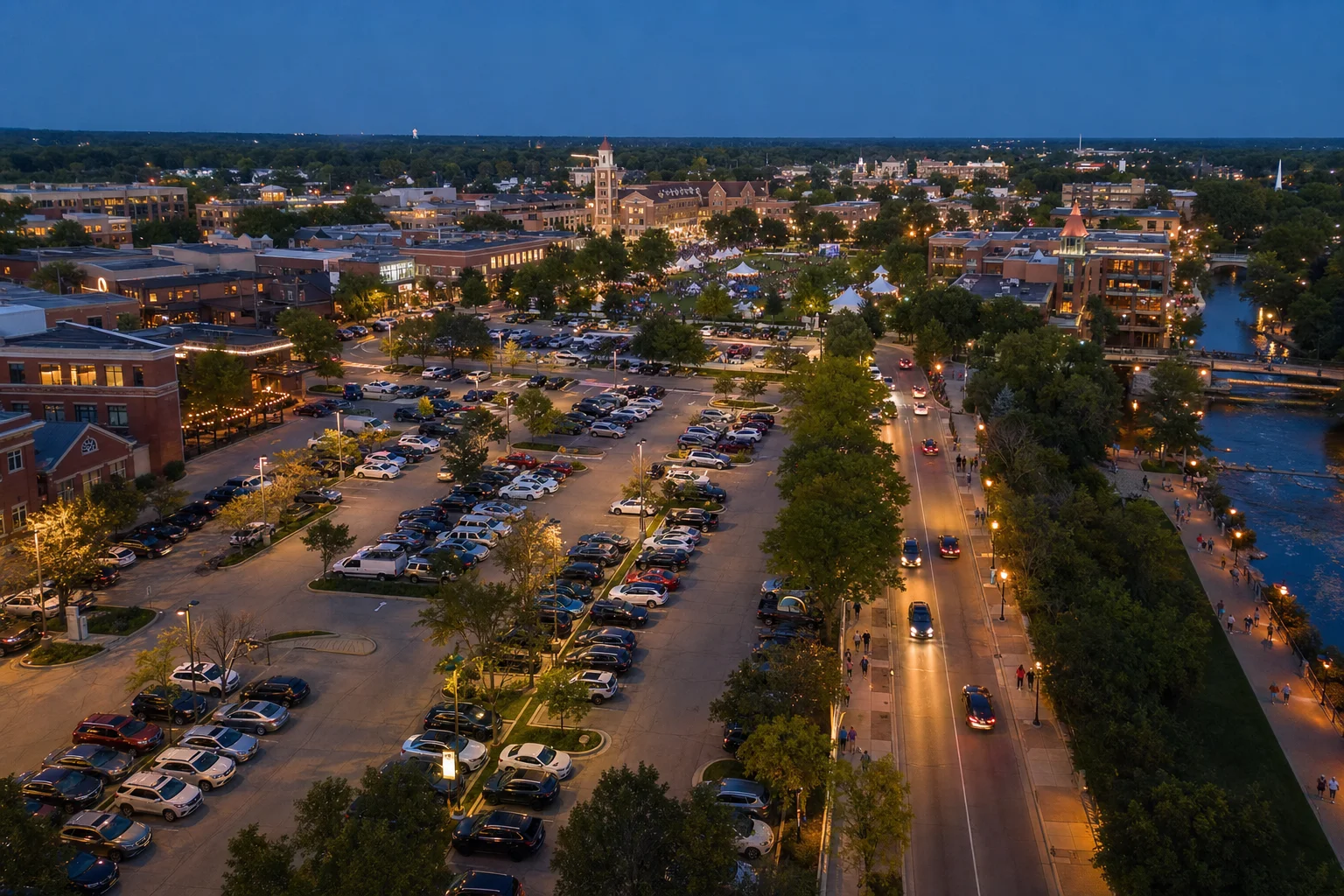 Naperville Ale Fest 2026: Dates, Tickets, and Insider Guide 1 Cars filling a downtown Naperville parking lot as visitors arrive for Naperville Ale Fest 2026 near Naper Settlement