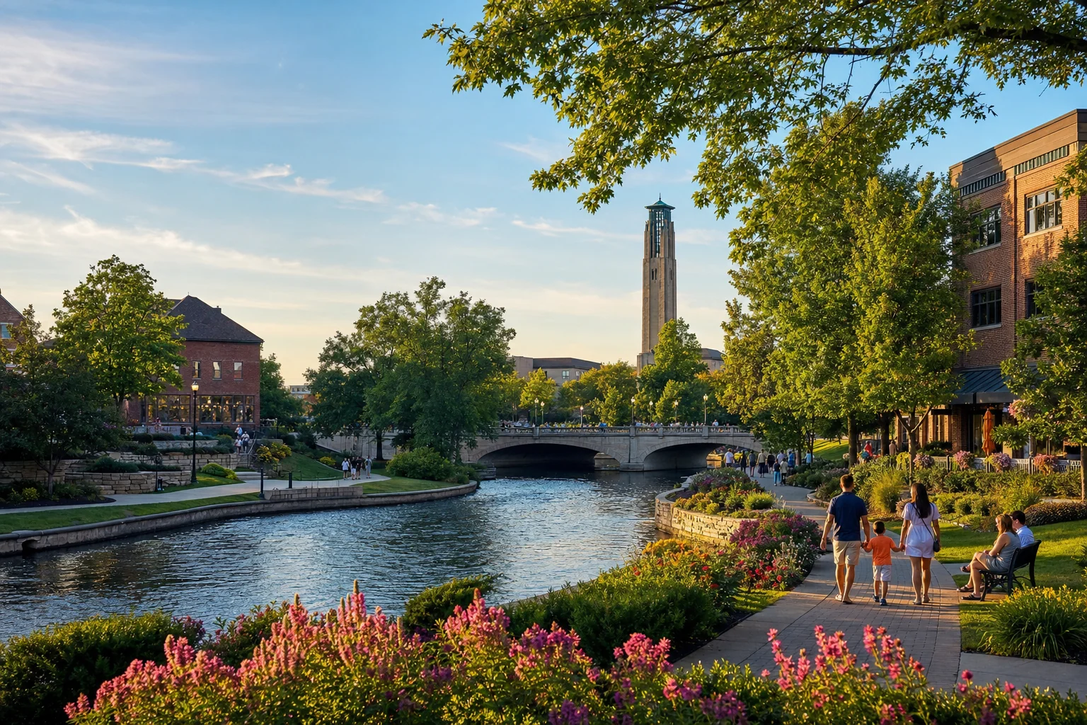 Naperville best place to live — the Naperville Riverwalk and Moser Tower at golden hour with families strolling along brick paths
