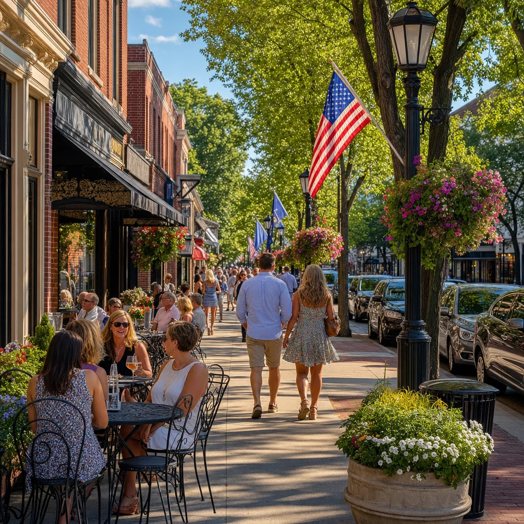 Downtown Naperville Jefferson Avenue scene with sidewalk cafés, hanging flower baskets, American flags, and shoppers — the walkable district that makes Naperville the best place to live