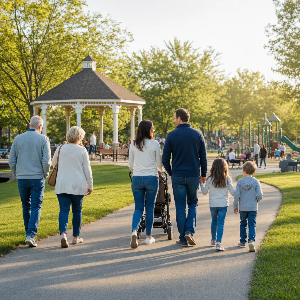 Multi-generational family walking through a Naperville community park near a gazebo, demonstrating why Naperville is the best place to raise a family