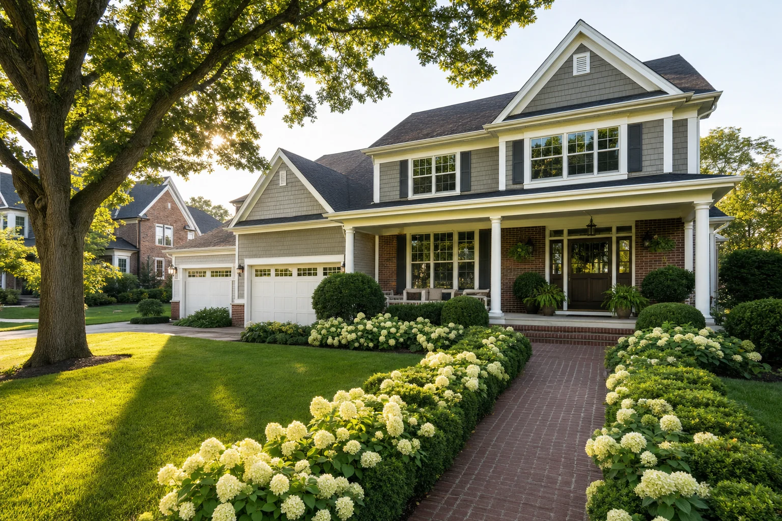 Classic Naperville Craftsman home with hydrangea-lined brick walkway, an example of Naperville real estate that earned the best place to buy a house ranking