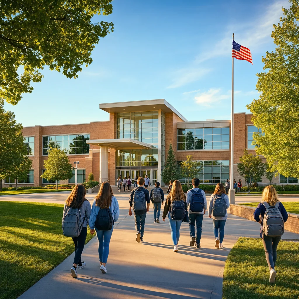 Naperville public high school exterior with students walking toward the entrance, illustrating why Naperville has the best public schools in America