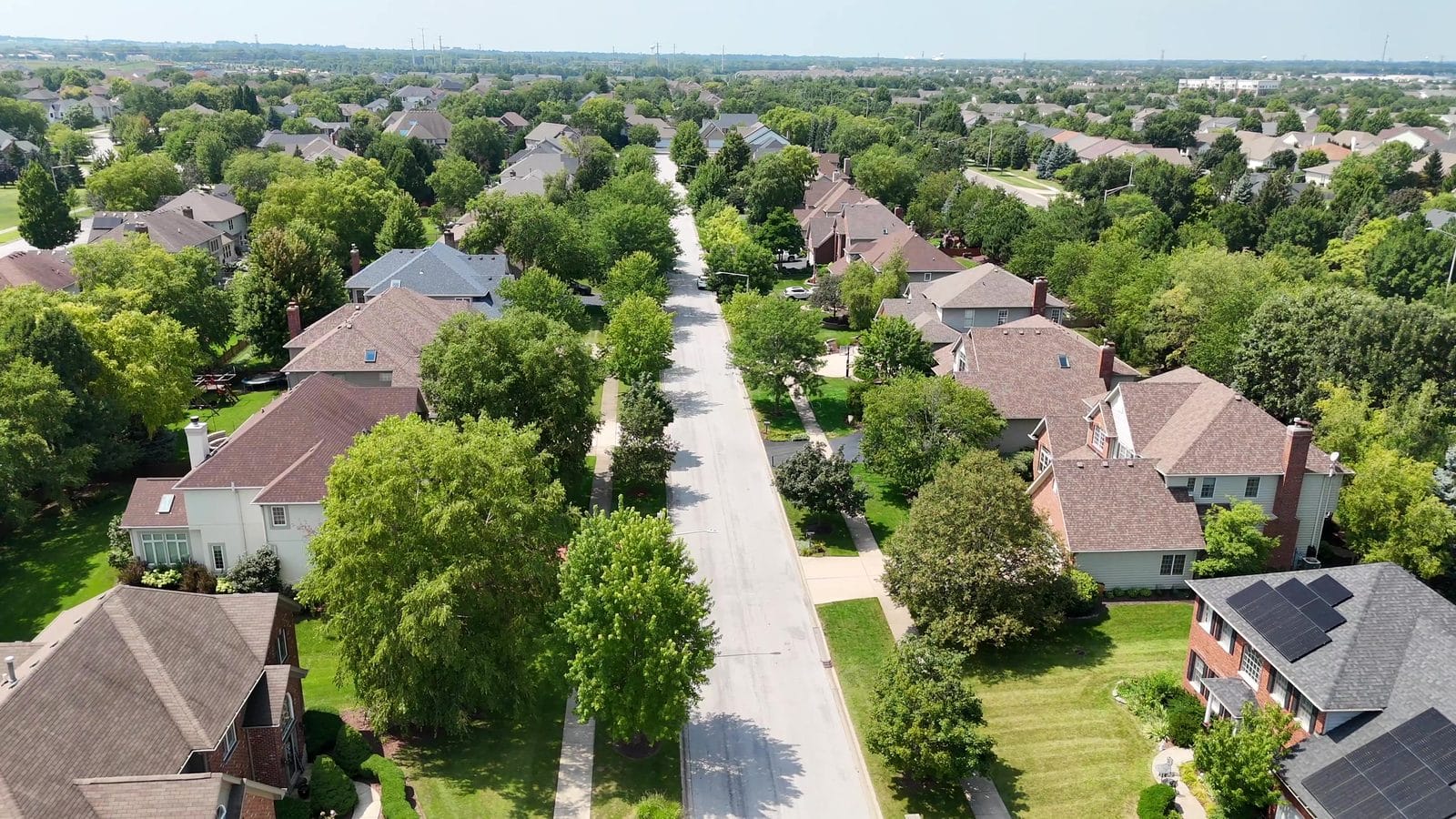 Buyers agent tips: aerial of a straight, tree-lined Tall Grass street of homes in Naperville