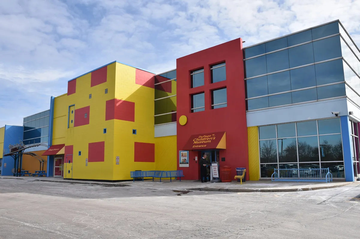 Exterior of DuPage Childrens Museum entrance in Naperville, Illinois, a family destination for hands on learning, kids activities, and things to do in Naperville