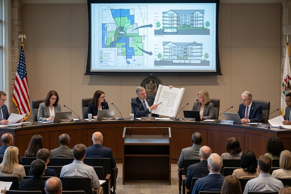 Naperville City Council chambers where The Atlas apartment development was approved April 2026