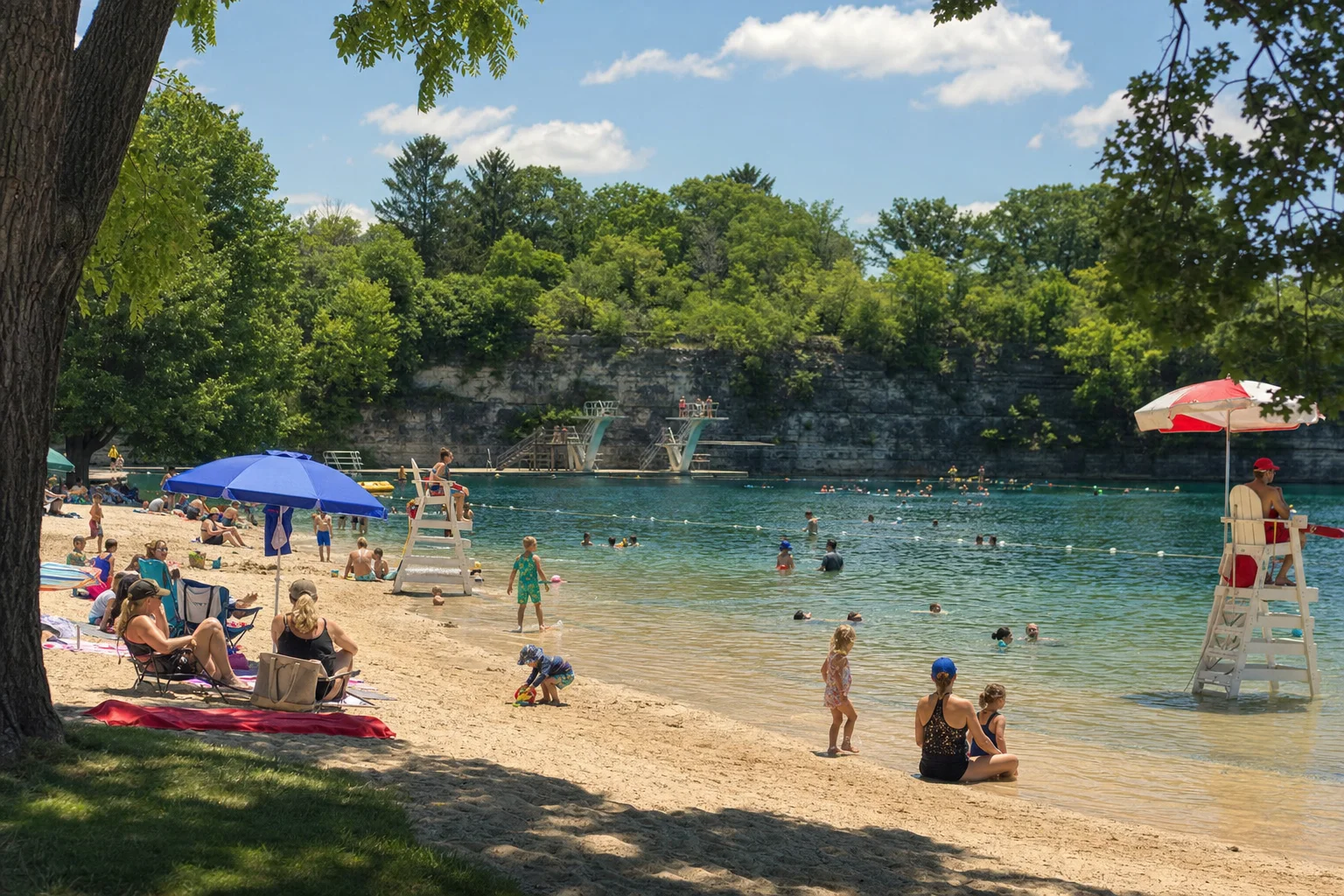 Families swimming at Centennial Beach quarry in Naperville on a sunny summer weekend