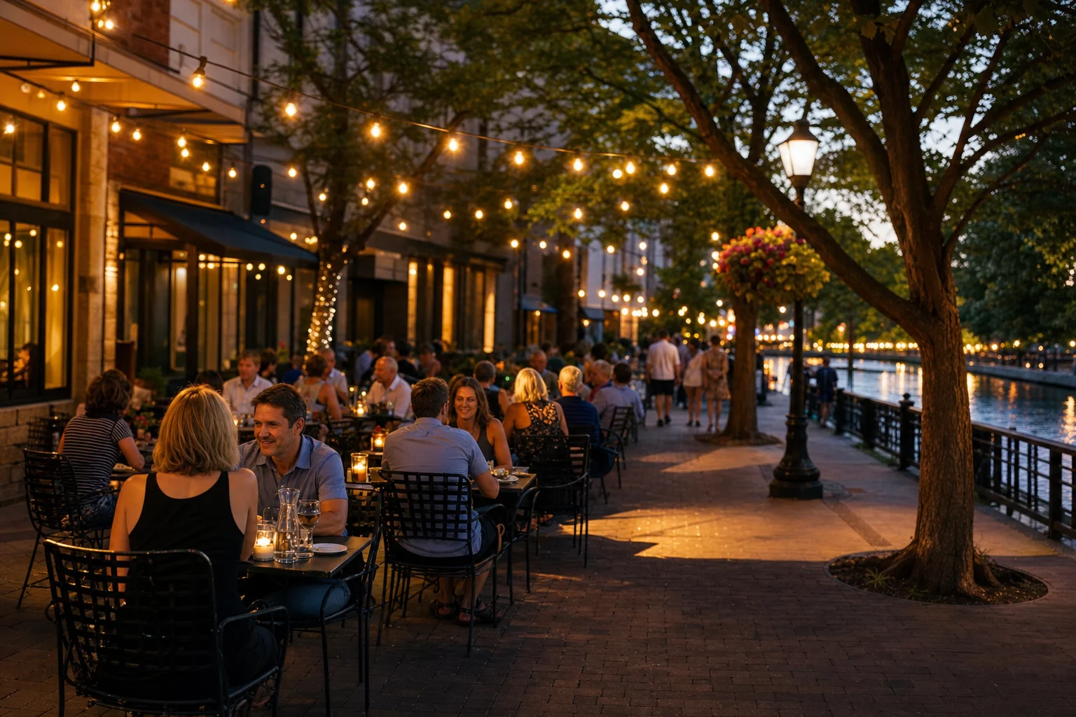 Diners enjoying a summer evening on a downtown Naperville restaurant patio near the Riverwalk