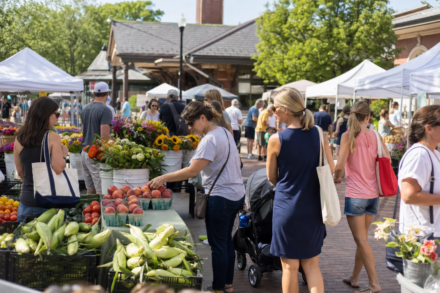 Shoppers browsing produce stalls at the Naperville Farmers Market on a summer Saturday morning
