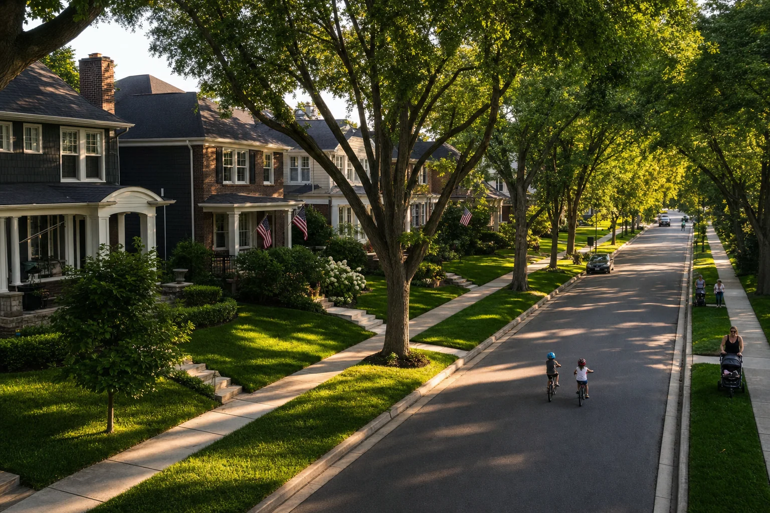 Naperville family friendly neighborhoods - a leafy residential street in Naperville with mature trees, kids on bikes, and well-maintained homes
