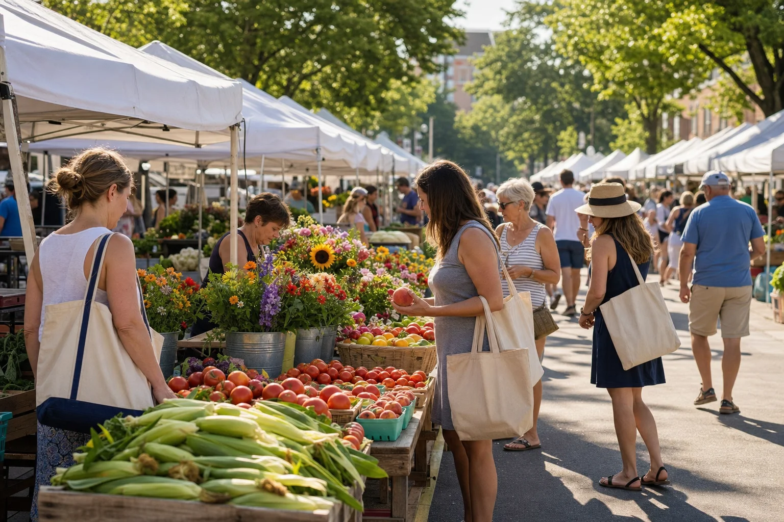 Sweet corn and heirloom tomatoes at the Naperville farmers market during August 2026 peak harvest