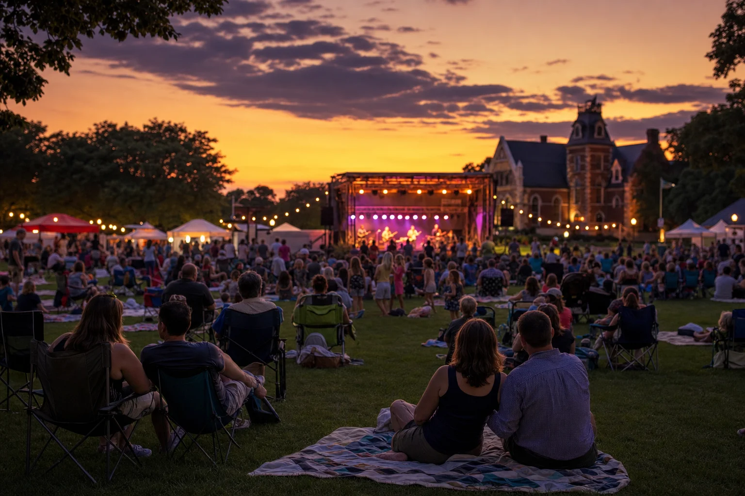 Evening concert crowd on blankets and lawn chairs at Naper Nights 2026 at Naper Settlement in Naperville
