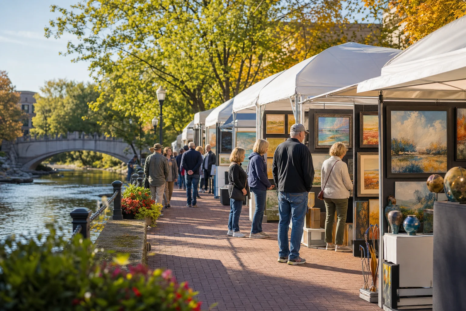 Artist booths and visitors along the DuPage Riverwalk at the 2026 Riverwalk Fine Art Fair in Naperville