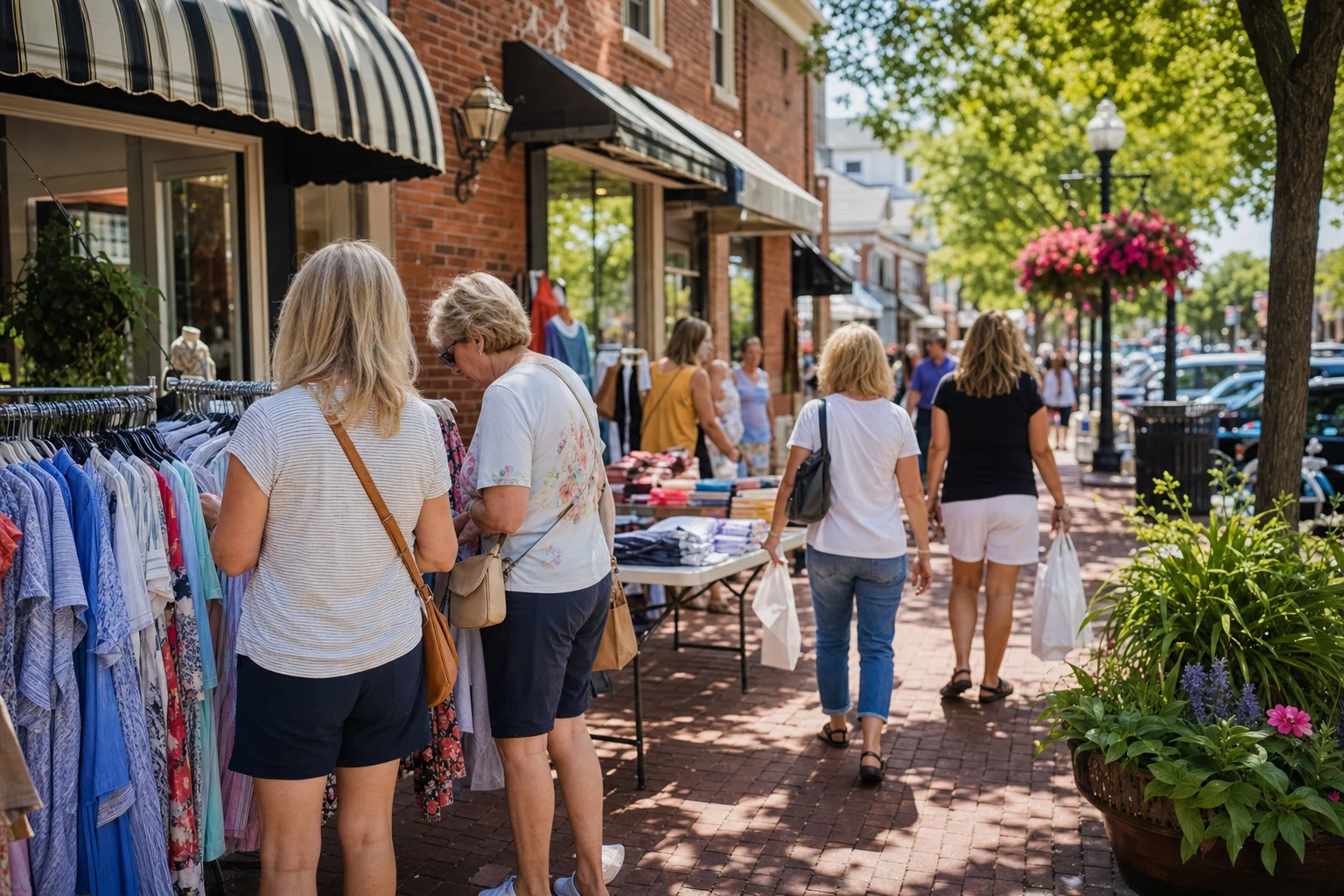 Shoppers browsing outdoor racks at the 2026 Naperville Summer Sidewalk Sales in Downtown Naperville
