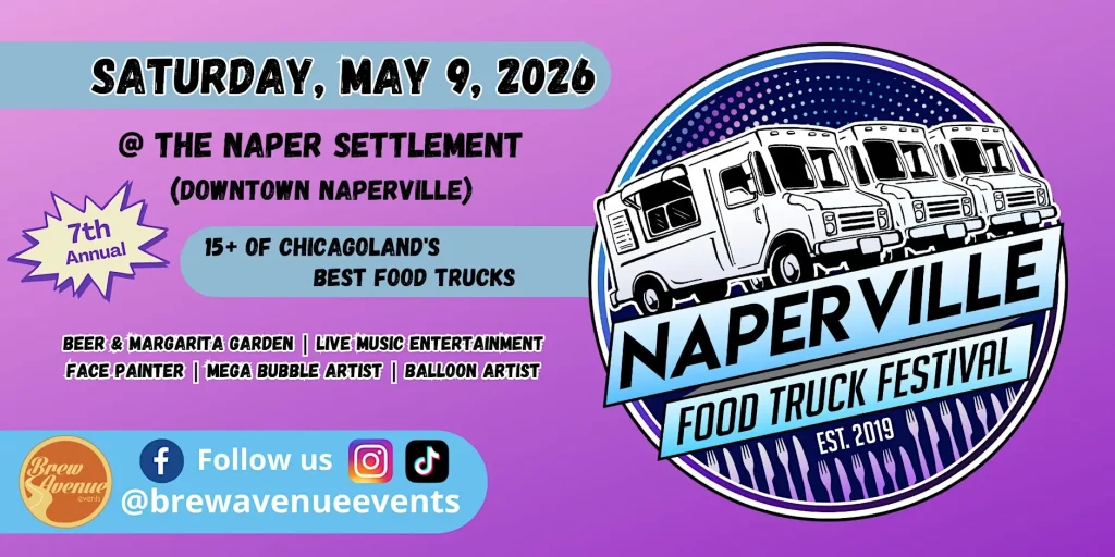 Promotional graphic for the 7th Annual Naperville Food Truck Festival at Naper Settlement in downtown Naperville, Illinois, featuring 15+ food trucks and live entertainment