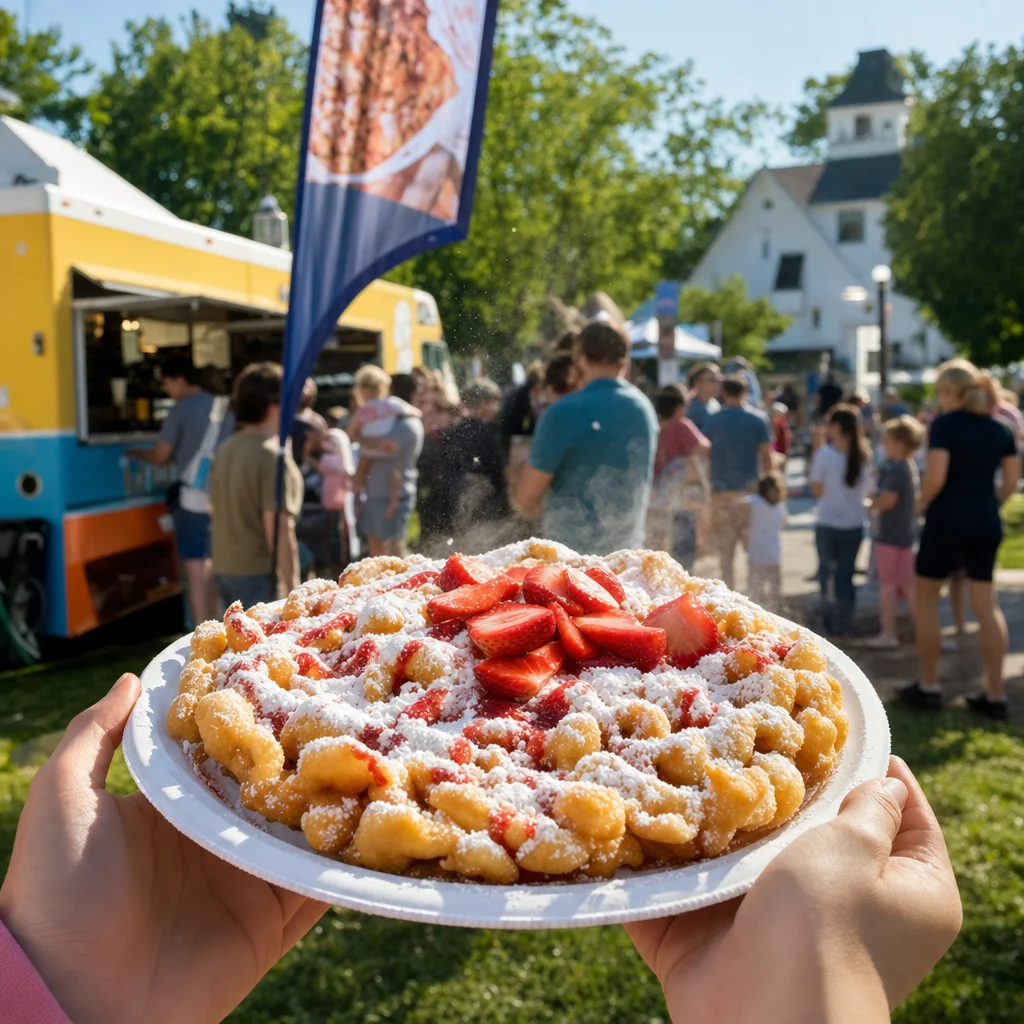Golden funnel cake with powdered sugar and fresh strawberries at the Naperville Food Truck Festival