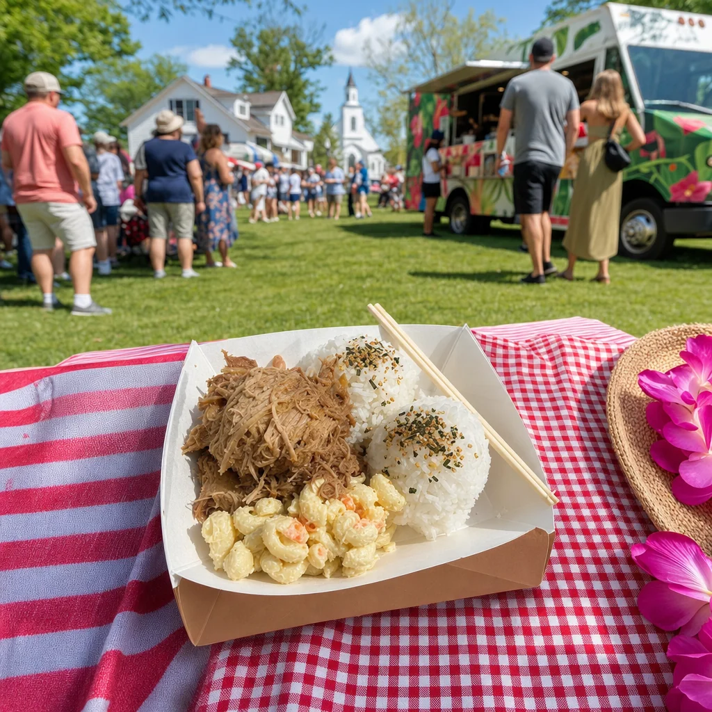 Authentic Hawaiian plate lunch with kalua pork, macaroni salad, and rice on a picnic blanket at the Naperville Food Truck Festival