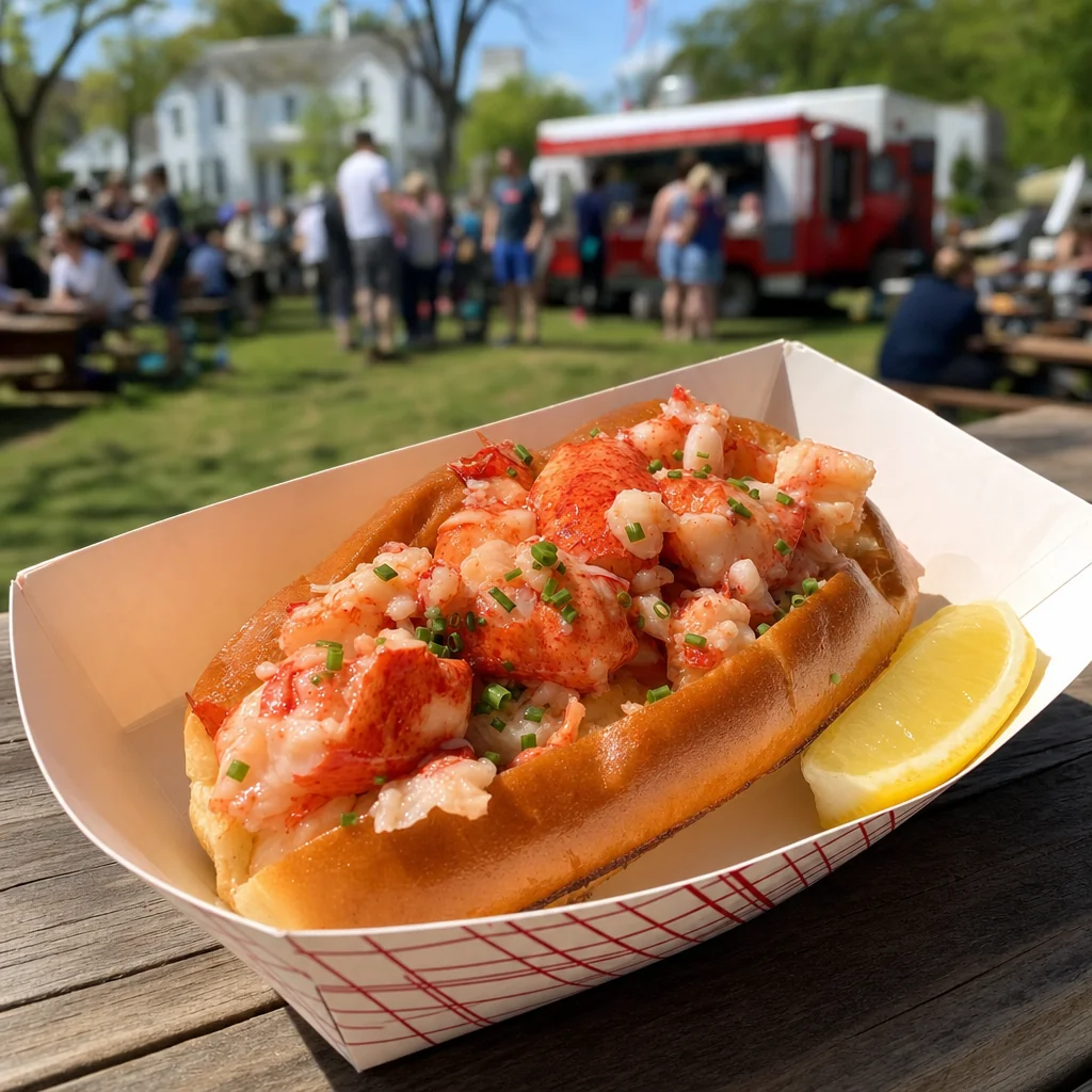 Buttery New England lobster roll on a paper tray served at the Naperville Food Truck Festival