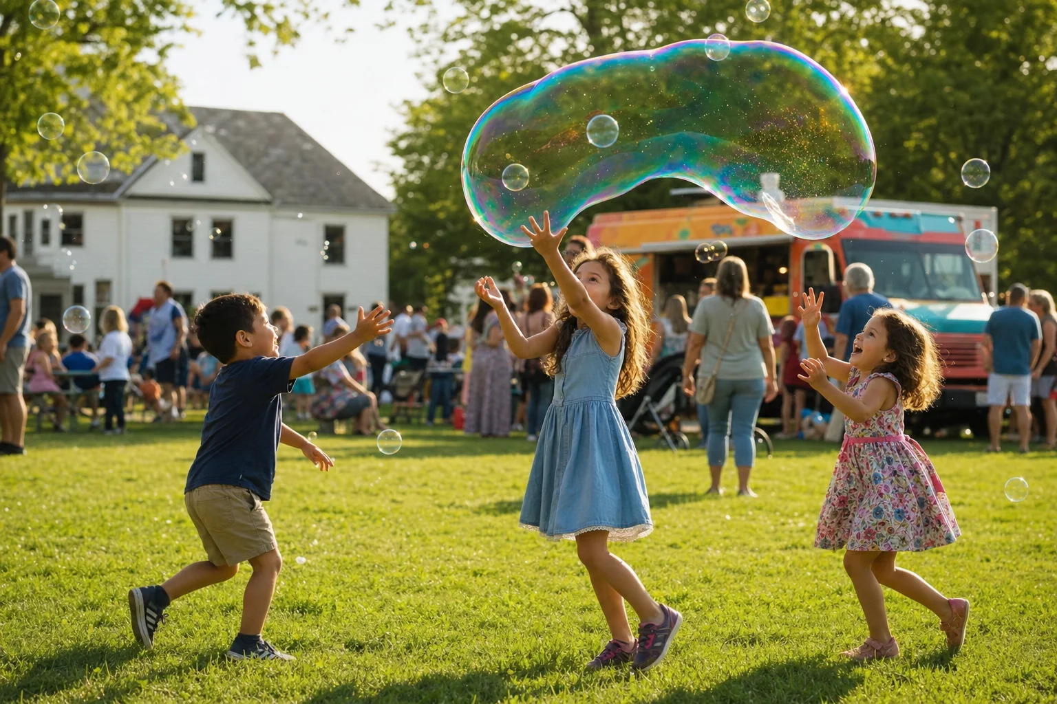 Children laughing and reaching for giant rainbow bubbles at the Bubbler Magic show at the Naperville Food Truck Festival