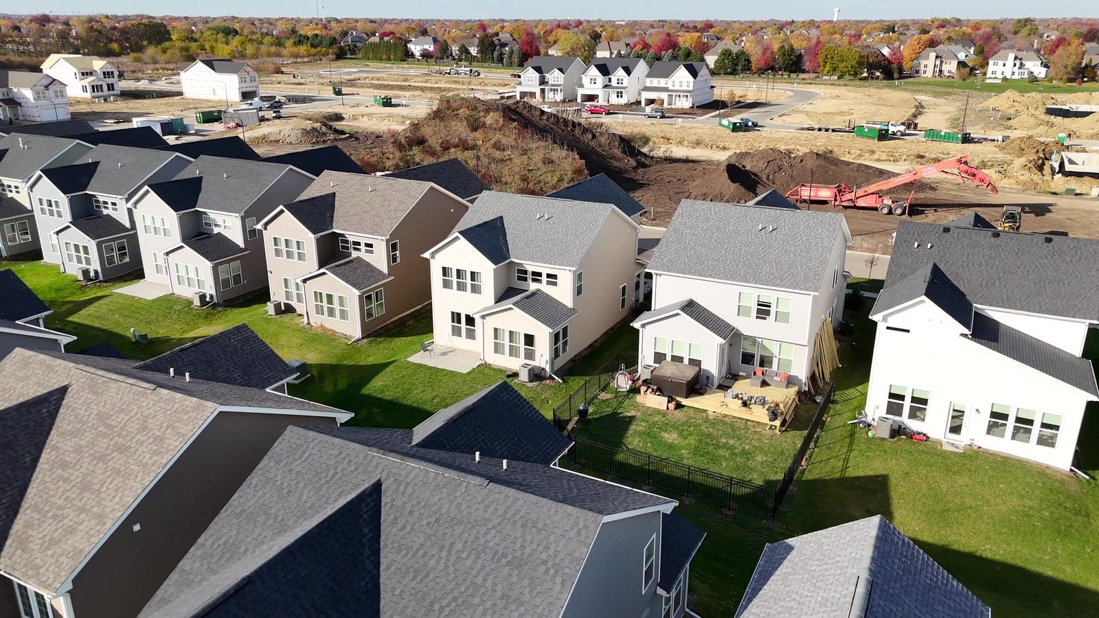 Naperville deck and fence permits: aerial of Polo Club backyards, a wood deck and patios