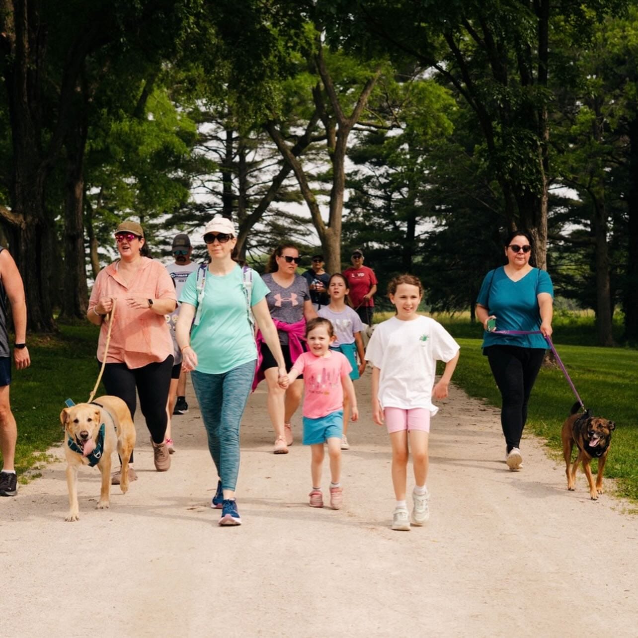 Families walk dogs along a tree lined path during a Naperville Area Humane Society community event in Naperville, Illinois, highlighting local nonprofit and family activity