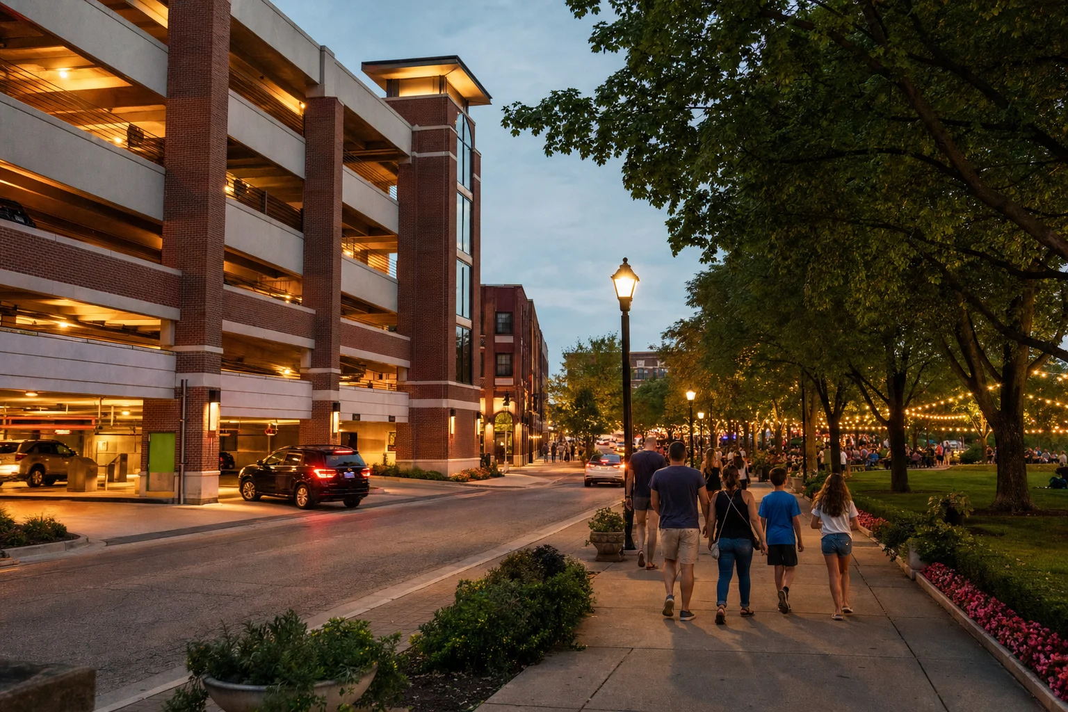Naperville Irish Fest 2026: Dates, Tickets, Lineup and Insider Guide 5 Cars parked at a downtown Naperville garage as families walk toward Central Park for Naperville Irish Fest 2026