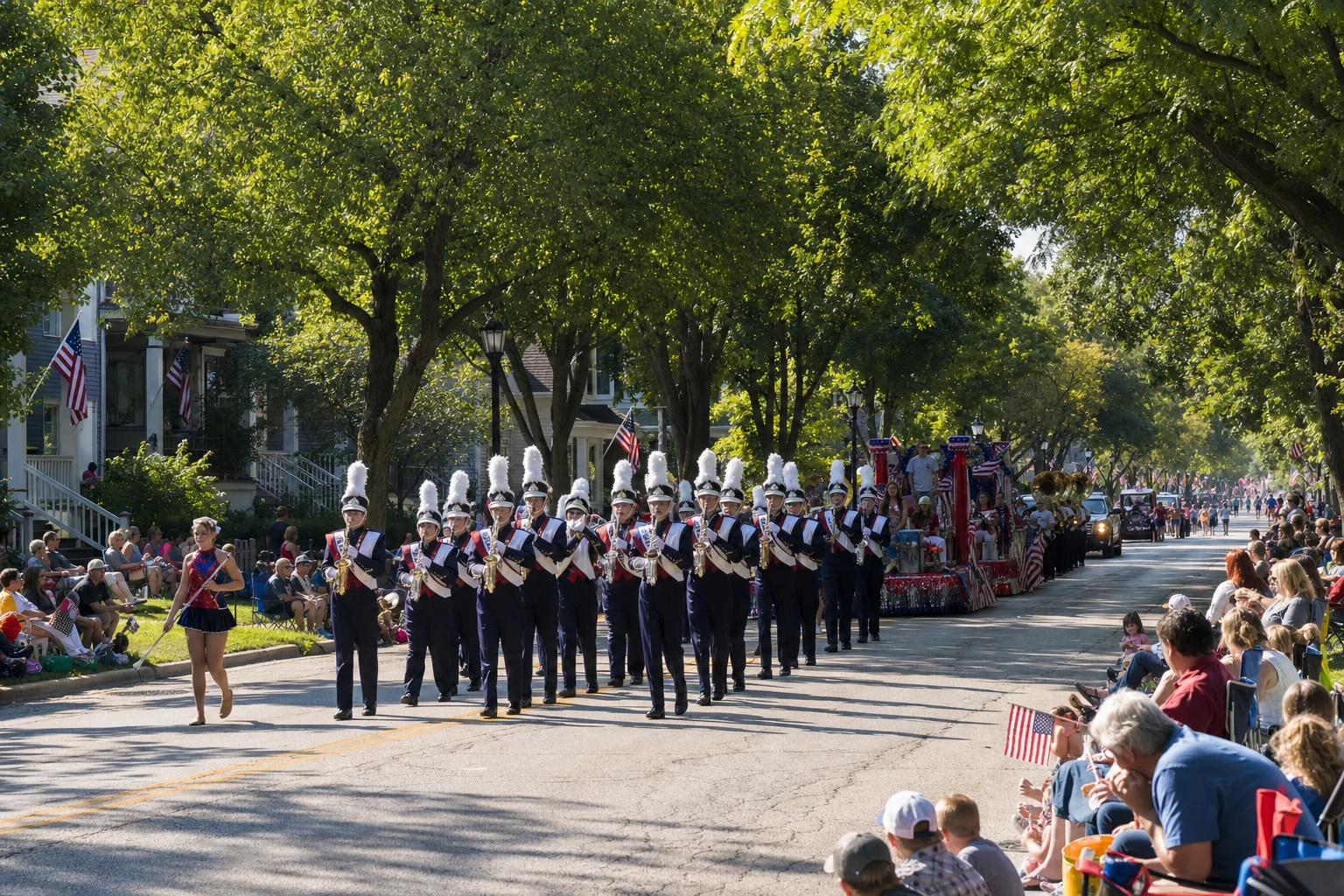 Marching band leading the Naperville Labor Day parade 2026 past cheering families