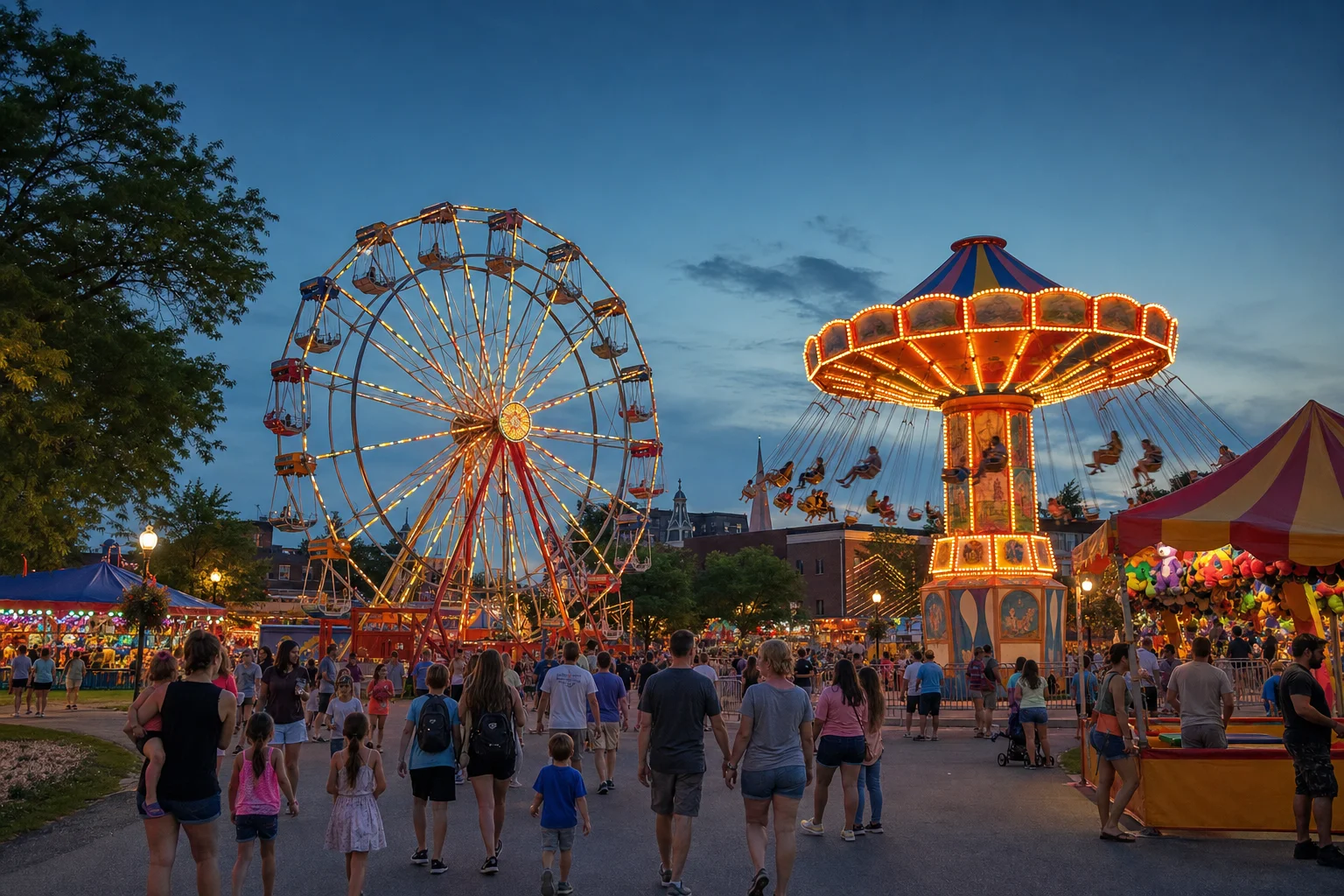 Carnival rides lit up at dusk near Naperville Central Park during Last Fling 2026