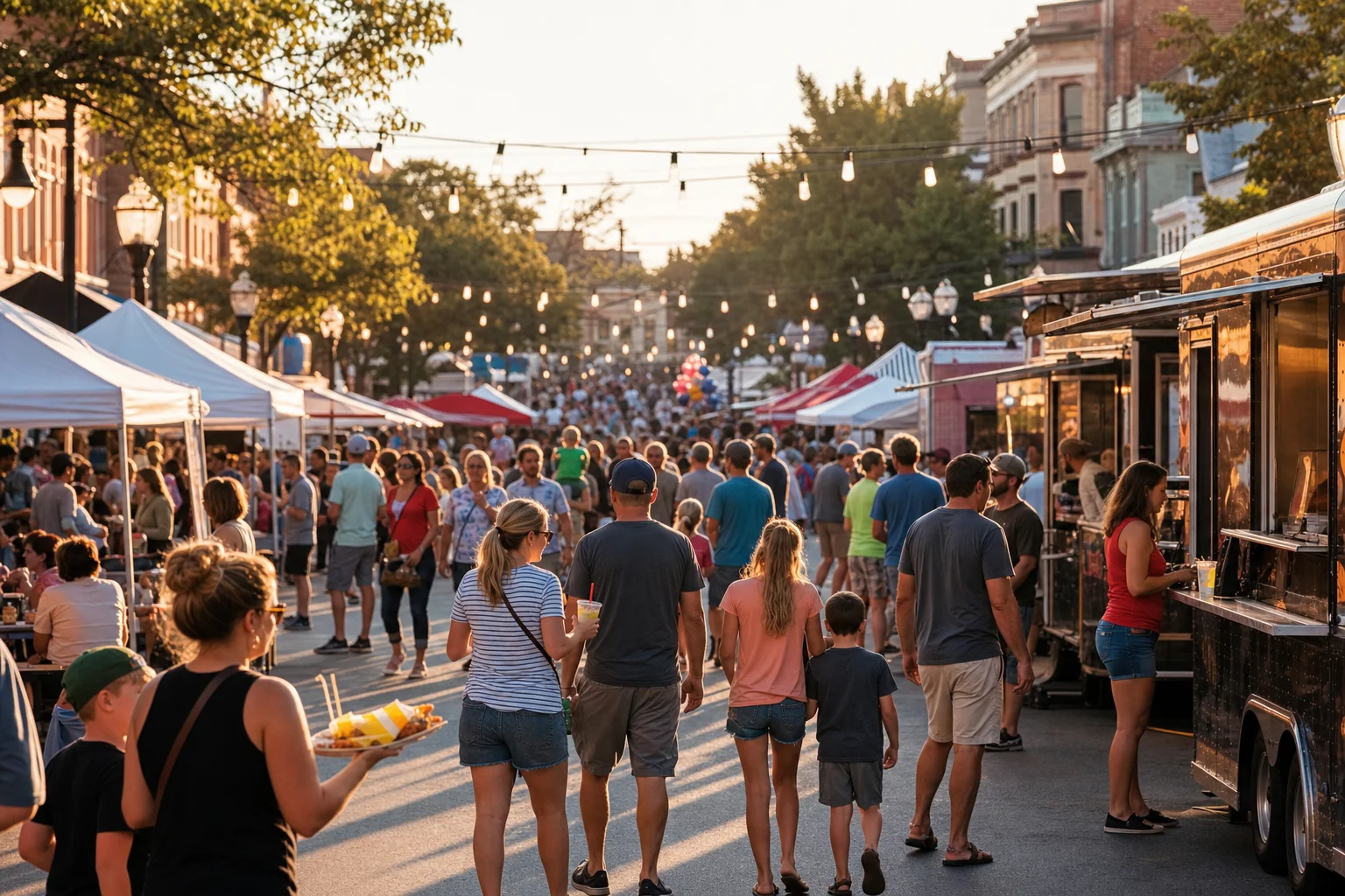 Festival food vendor booths serving crowds on Webster Street at Naperville Last Fling 2026
