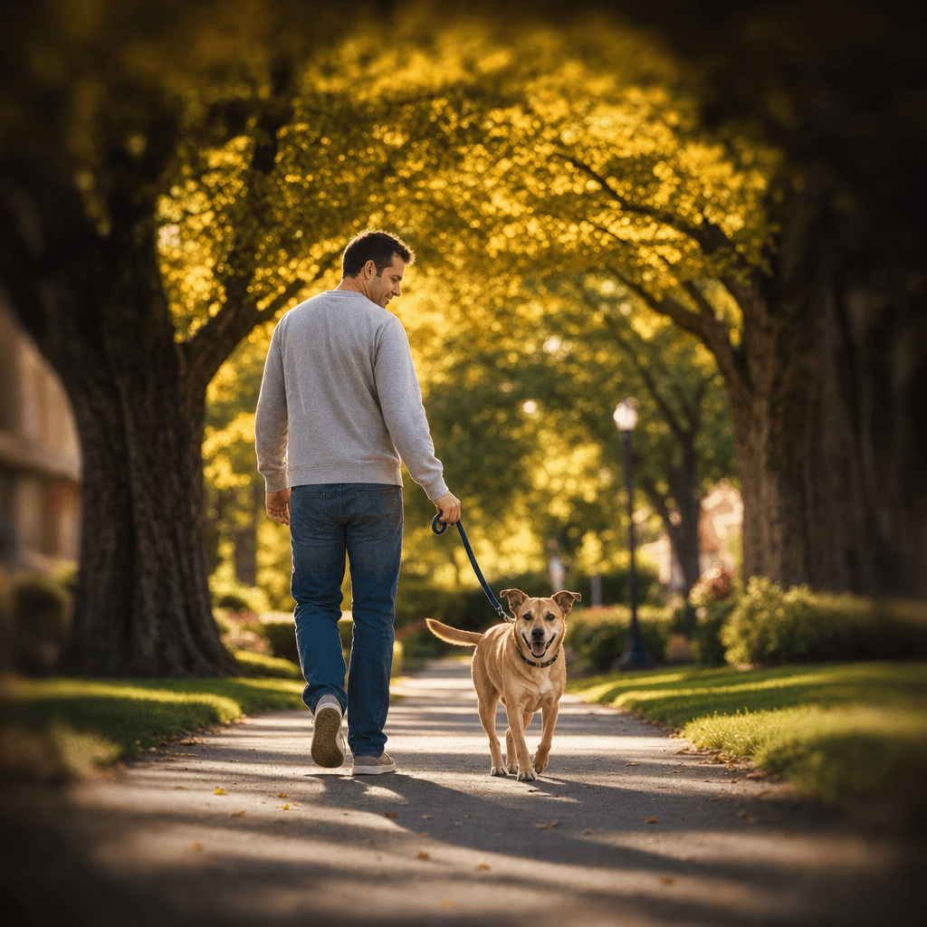 Naperville Area Humane Society Dog Day Out volunteer walking happy shelter dog on tree-lined suburban path at golden hour