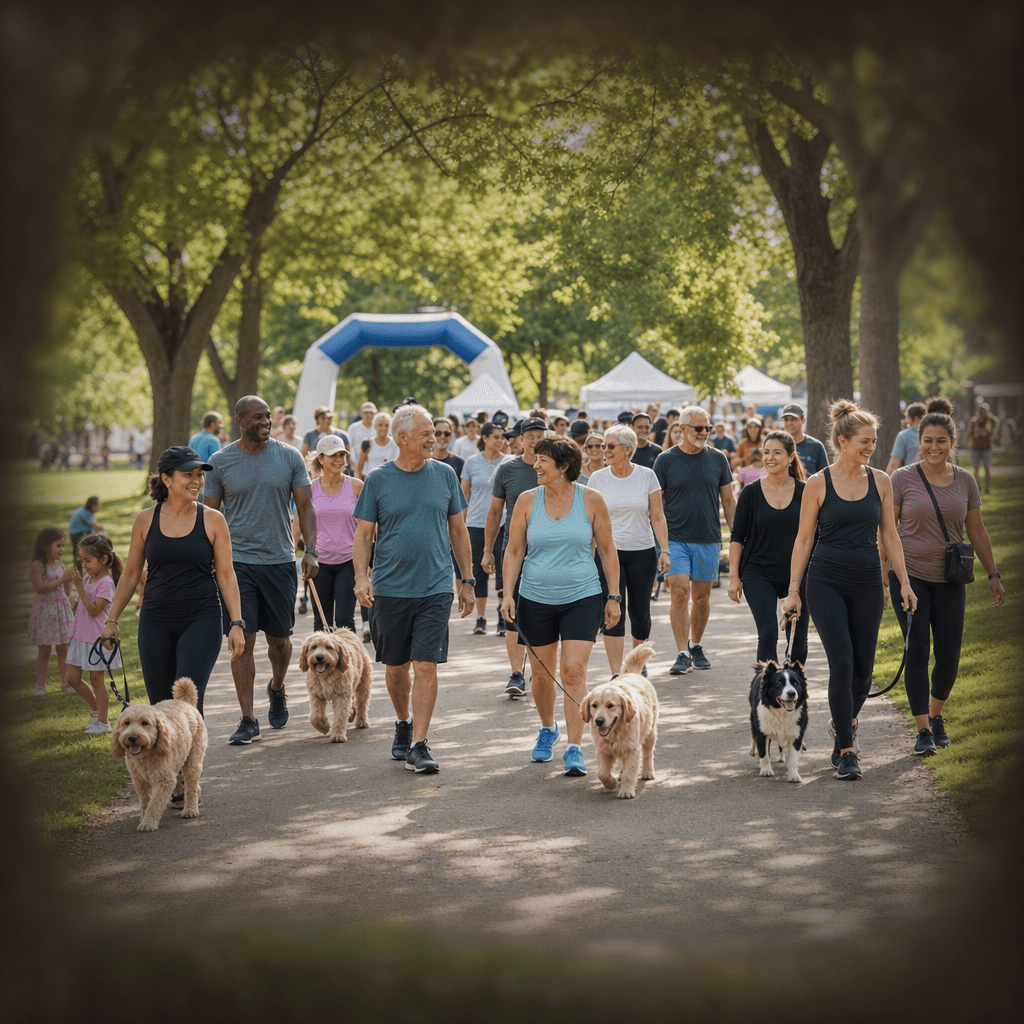 Naperville Area Humane Society Run Your Mutt Off 5K participants walking and jogging with dogs on a sunny summer morning