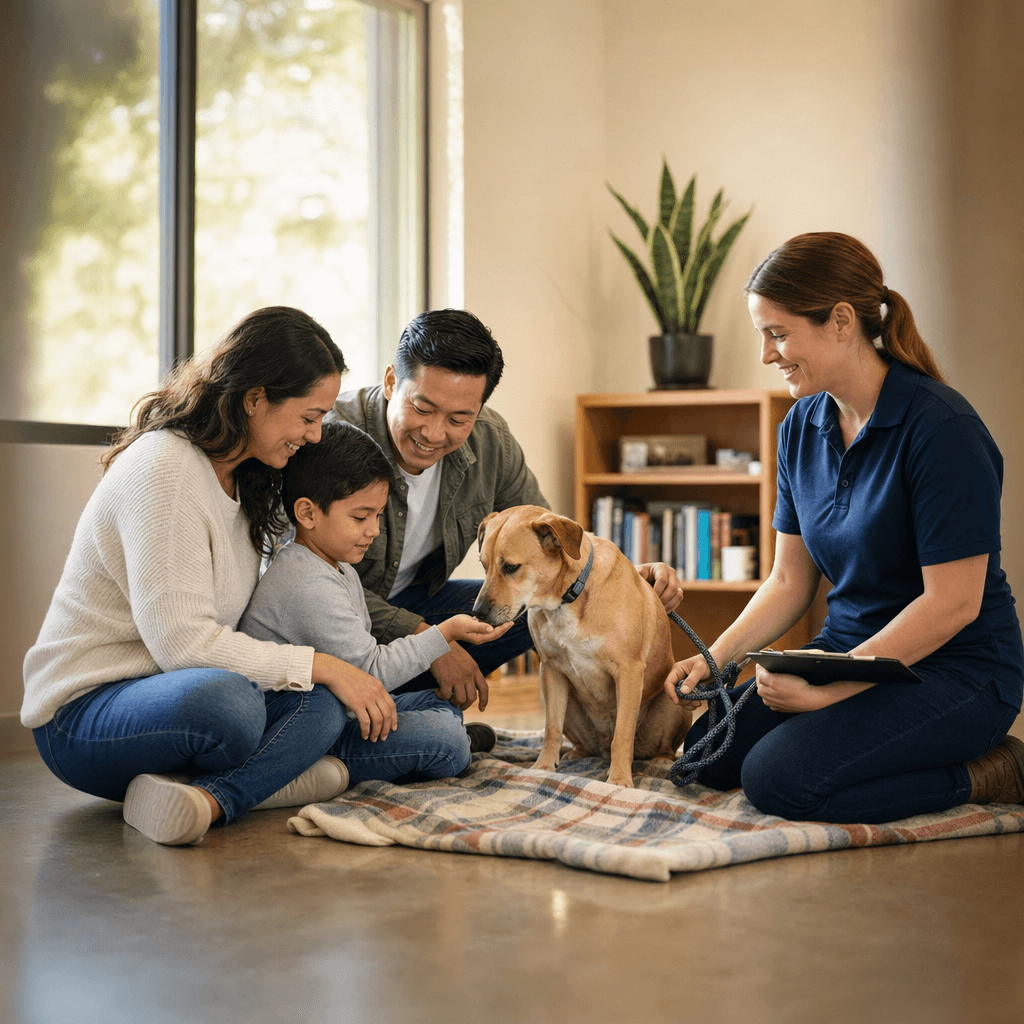 Naperville Area Humane Society 2026 family meeting an adoptable shelter dog with a volunteer in a sunlit adoption room