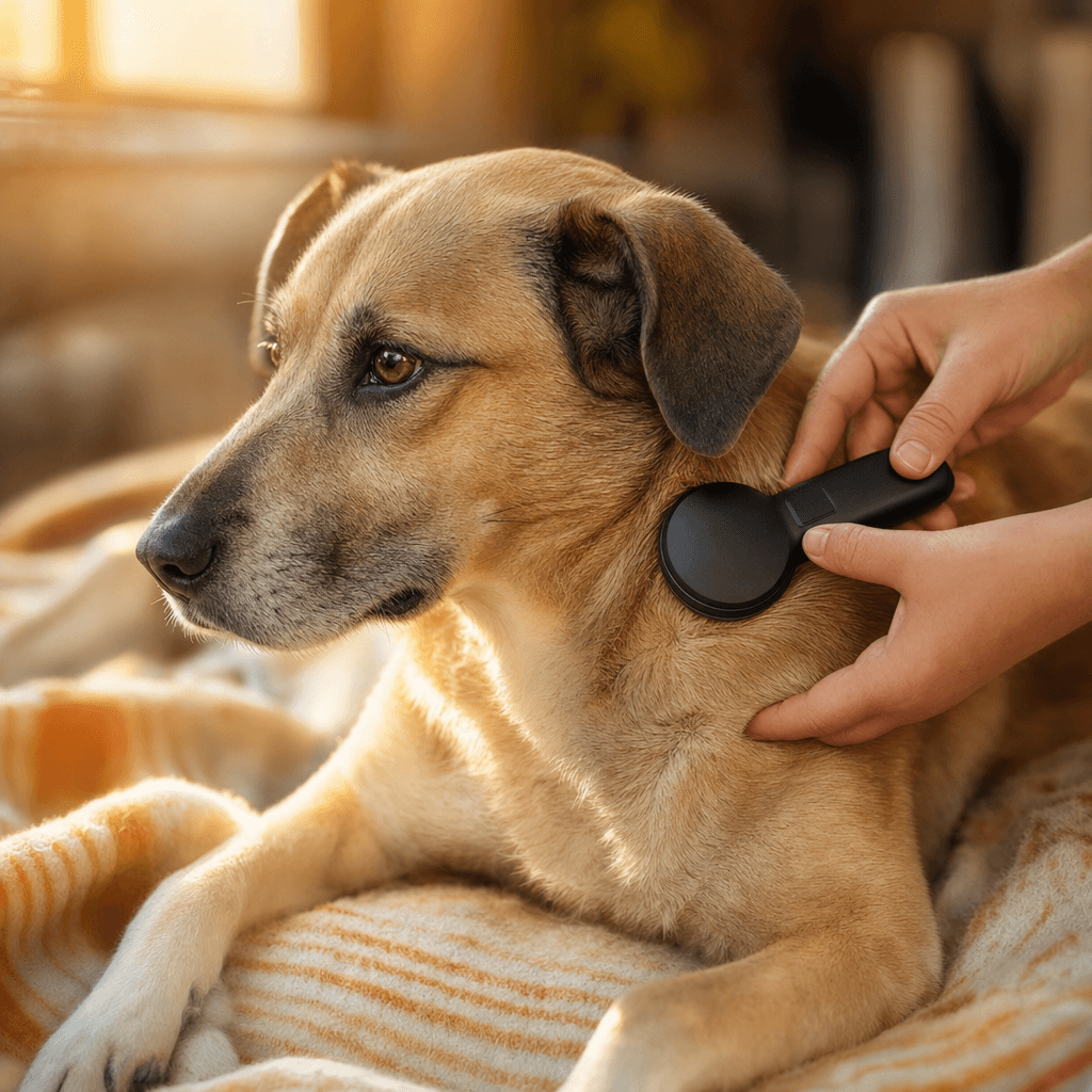 Naperville Area Humane Society microchip scanner passed gently over the shoulder of a calm shelter dog before adoption