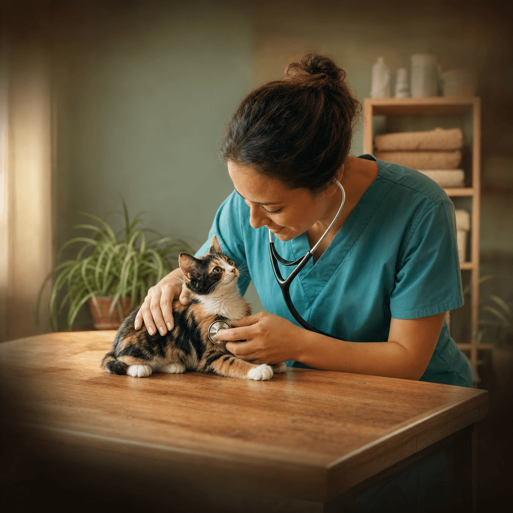 Naperville Area Humane Society veterinarian examining a calico kitten before adoption with stethoscope on warm exam table