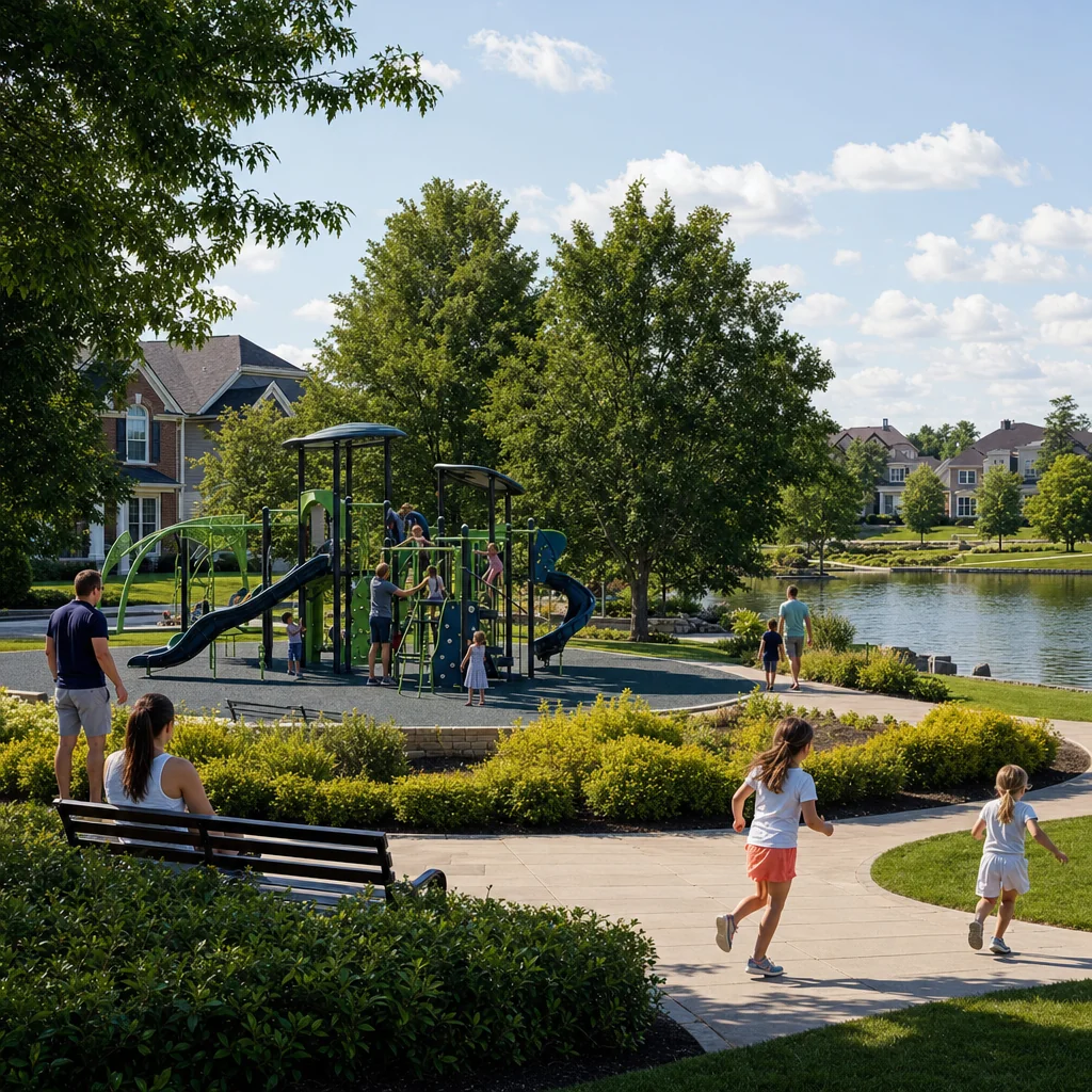 Naperville family friendly neighborhood - planned community park with playground equipment and modern family homes in the background